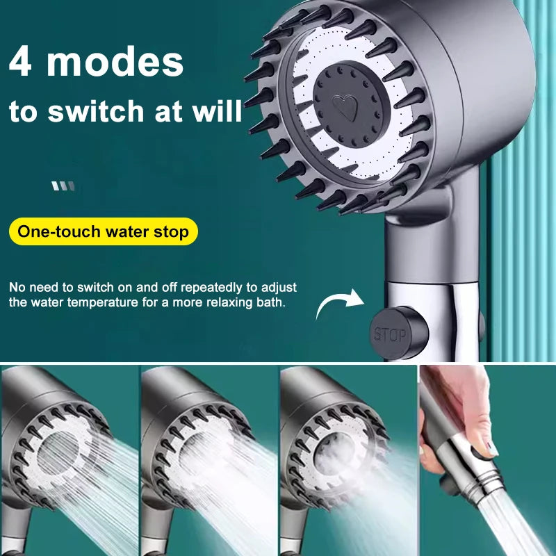 High-Pressure Massage Showerhead with 4 Spray Modes and Built-in Filter Element