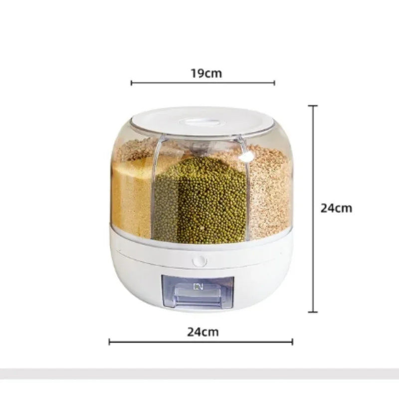 9KG Grain Storage Container with 6 Compartments and 360° Rotation